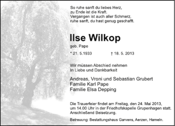Traueranzeige von Ilse Wilkop von Deister- und Weserzeitung