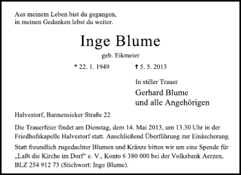 Traueranzeige von Inge Blume von Deister- und Weserzeitung
