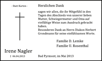 Traueranzeige von Irene Nagler von Deister- und Weserzeitung