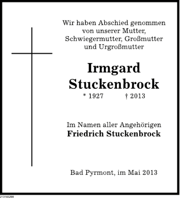 Traueranzeige von Irmgard Stuckenbrock von Deister- und Weserzeitung