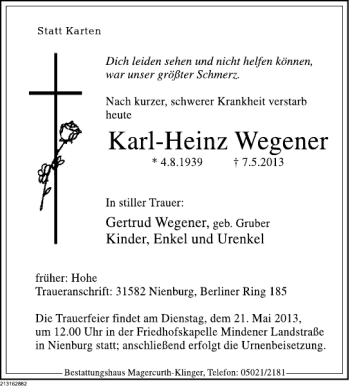 Traueranzeige von Karl-Heinz Wegener von Deister- und Weserzeitung