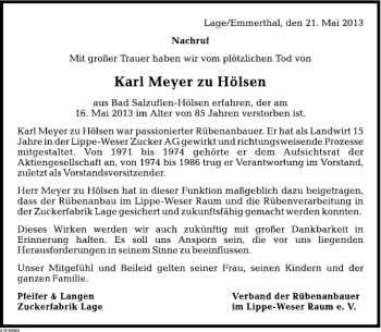 Traueranzeige von Karl Meyer zu Hölsen von Deister- und Weserzeitung