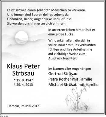 Traueranzeige von Klaus Peter Strösau von Deister- und Weserzeitung