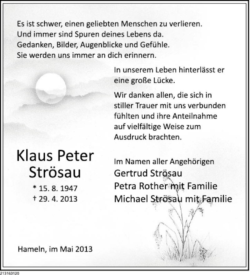  Traueranzeige für Klaus Peter Strösau vom 18.05.2013 aus Deister- und Weserzeitung