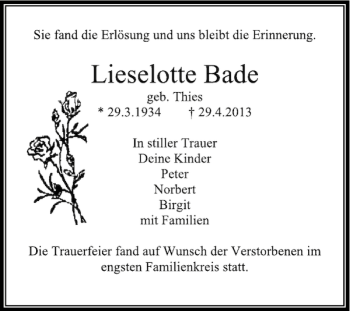 Traueranzeige von Lieselotte Bade von Deister- und Weserzeitung