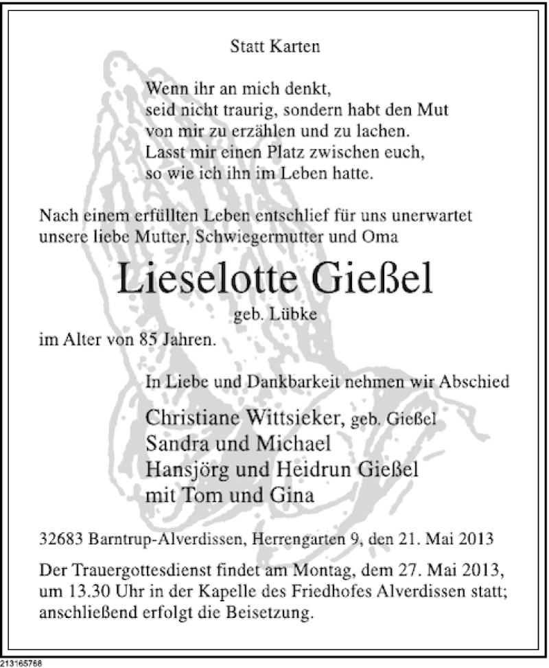  Traueranzeige für Lieselotte Gießel vom 23.05.2013 aus Deister- und Weserzeitung