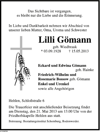 Traueranzeige von Lilli Gömann von Deister- und Weserzeitung