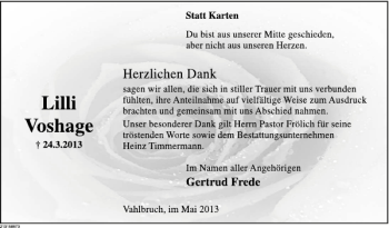 Traueranzeige von Lilli Voshage von Deister- und Weserzeitung