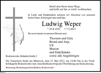 Traueranzeige von Ludwig Weper von Deister- und Weserzeitung