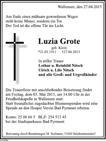 Traueranzeige von Luzia Grote von Deister- und Weserzeitung