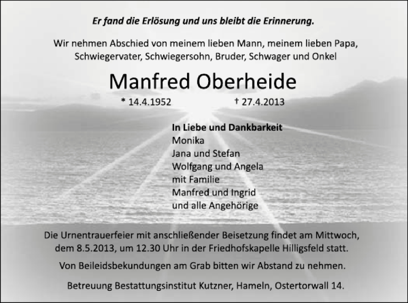  Traueranzeige für Manfred Oberheide vom 04.05.2013 aus Deister- und Weserzeitung