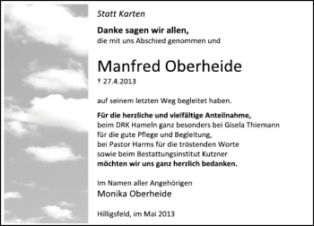 Traueranzeige von Manfred Oberheide von Deister- und Weserzeitung