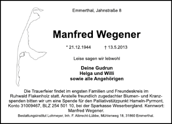 Traueranzeige von Manfred Wegener von Deister- und Weserzeitung
