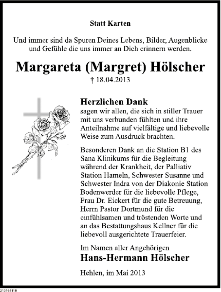  Traueranzeige für Margareta Hölscher vom 18.05.2013 aus Deister- und Weserzeitung
