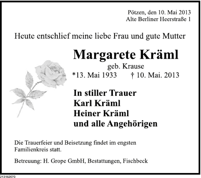  Traueranzeige für Margarete Kräml vom 14.05.2013 aus Deister- und Weserzeitung