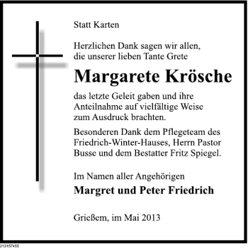 Traueranzeige von Margarete Krösche von Deister- und Weserzeitung