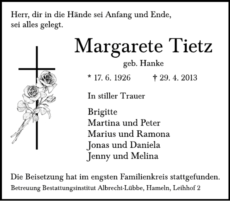  Traueranzeige für Margarete Tietz vom 11.05.2013 aus Deister- und Weserzeitung