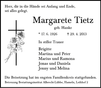 Traueranzeige von Margarete Tietz von Deister- und Weserzeitung