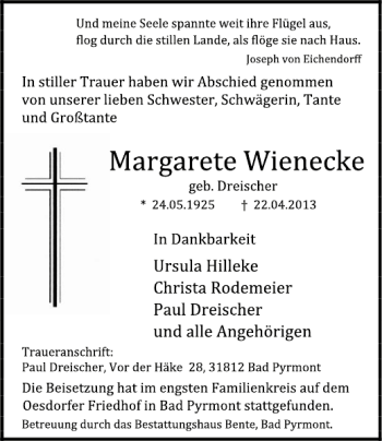 Traueranzeige von Margarete Wienecke von Deister- und Weserzeitung