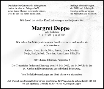 Traueranzeige von Margret Deppe von Deister- und Weserzeitung