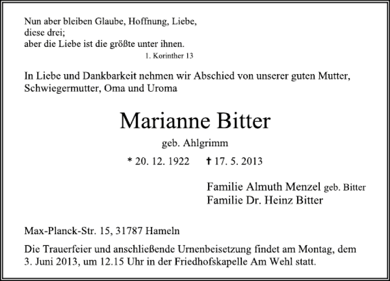  Traueranzeige für Marianne Bitter vom 25.05.2013 aus Deister- und Weserzeitung