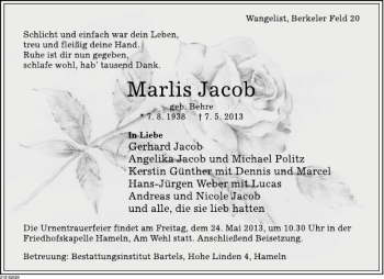 Traueranzeige von Marlis Jacob von Deister- und Weserzeitung