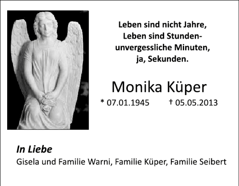  Traueranzeige für Monika Küper vom 11.05.2013 aus Deister- und Weserzeitung