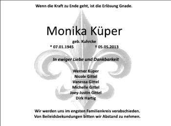Traueranzeige von Monika Küper von Deister- und Weserzeitung