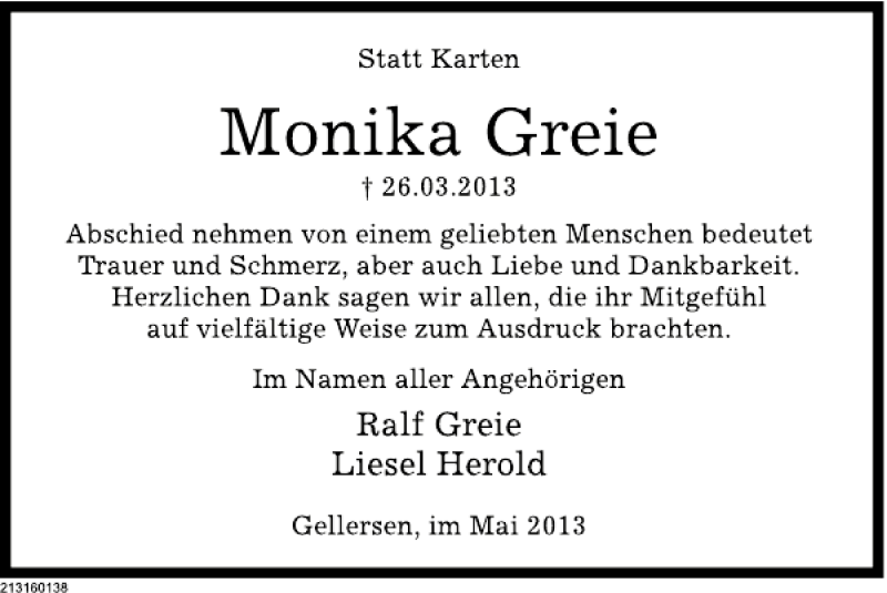  Traueranzeige für Monika Ggreie DS vom 11.05.2013 aus Deister- und Weserzeitung