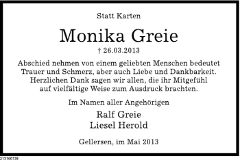 Traueranzeige von Monika Ggreie DS von Deister- und Weserzeitung