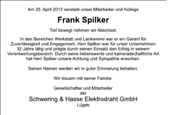 Traueranzeige von NR Frank Spilker von Deister- und Weserzeitung