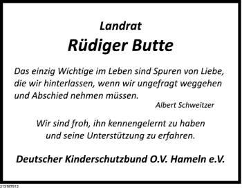 Traueranzeige von Nachruf Butte von Deister- und Weserzeitung