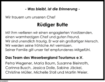Traueranzeige von Nachruf Butte von Deister- und Weserzeitung