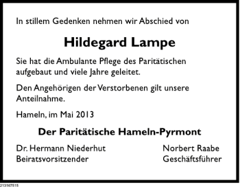 Traueranzeige von Nachruf Lampe von Deister- und Weserzeitung