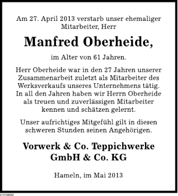 Traueranzeige von Nachruf Manfred Oberheide von Deister- und Weserzeitung