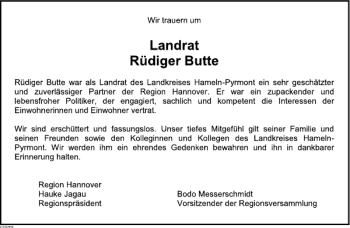 Traueranzeige von Nachruf Rüdiger Butte von Deister- und Weserzeitung