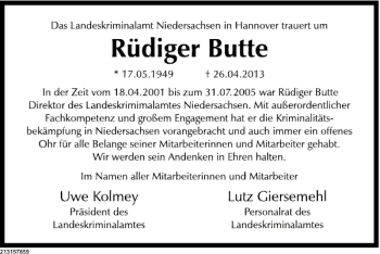 Traueranzeige von Nachruf Rüdiger Butte von Deister- und Weserzeitung