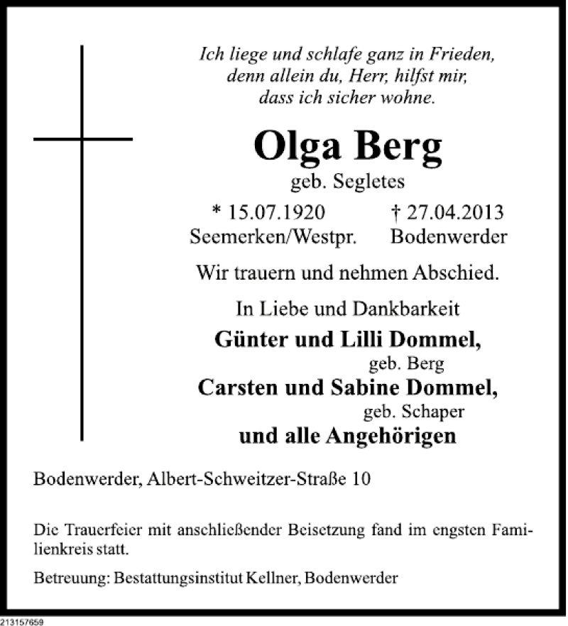  Traueranzeige für Olga Berg vom 04.05.2013 aus Deister- und Weserzeitung