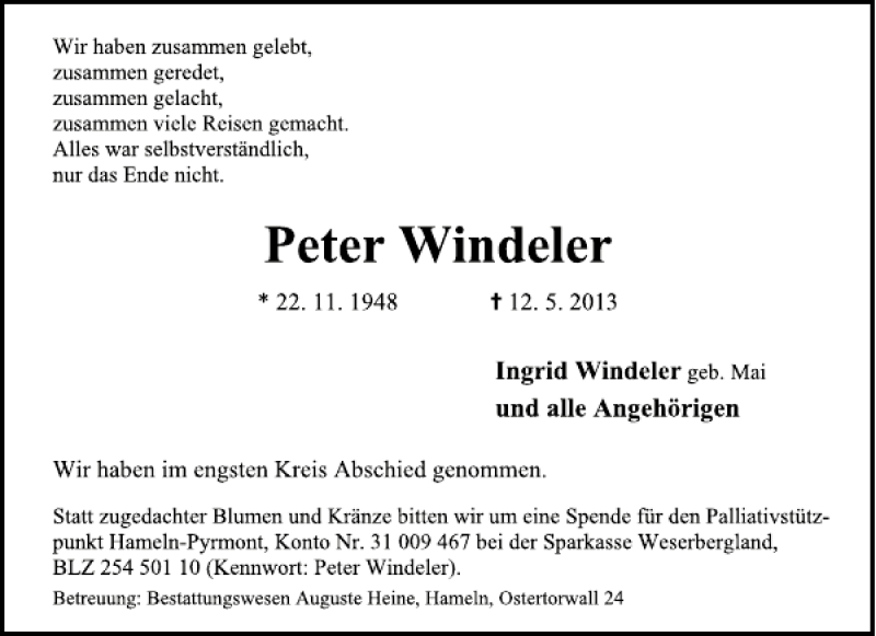  Traueranzeige für Peter Windeler vom 18.05.2013 aus Deister- und Weserzeitung