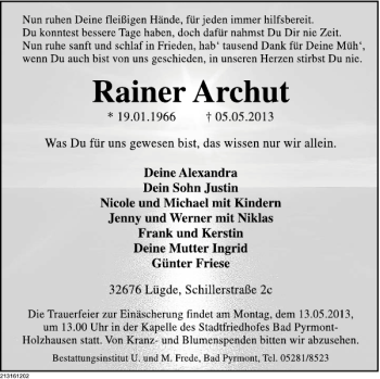 Traueranzeige von Rainer Archut von Deister- und Weserzeitung