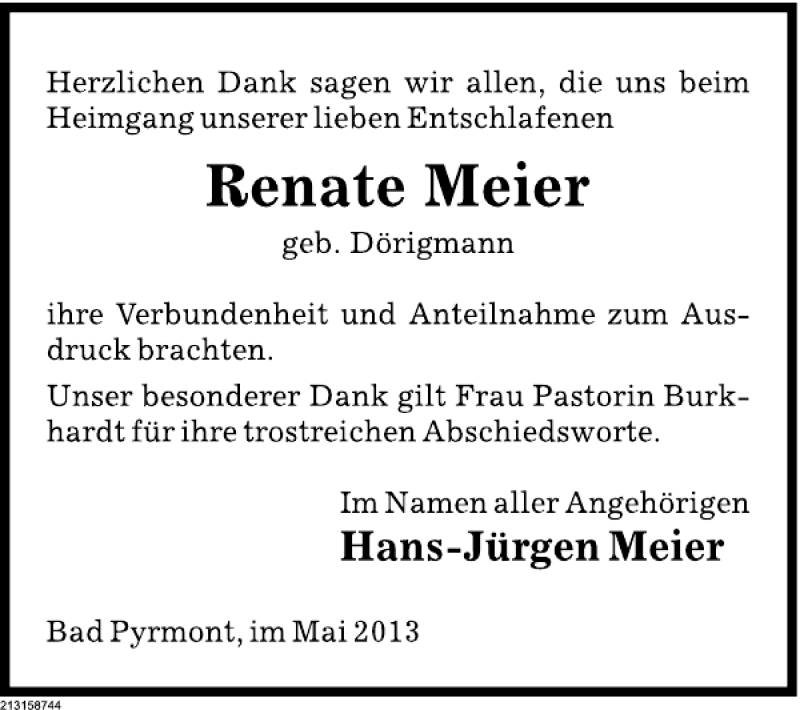  Traueranzeige für Renate Meier vom 04.05.2013 aus Deister- und Weserzeitung