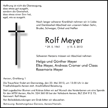 Traueranzeige von Rolf Meyer von Deister- und Weserzeitung