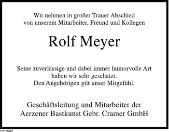 Traueranzeige von Rolf Meyer von Deister- und Weserzeitung