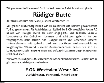 Traueranzeige von Rüdiger Butte von Deister- und Weserzeitung