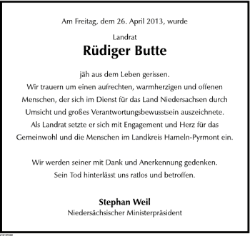 Traueranzeige von Rüdiger Butte von Deister- und Weserzeitung