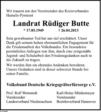 Traueranzeige von Rüdiger Butte von Deister- und Weserzeitung