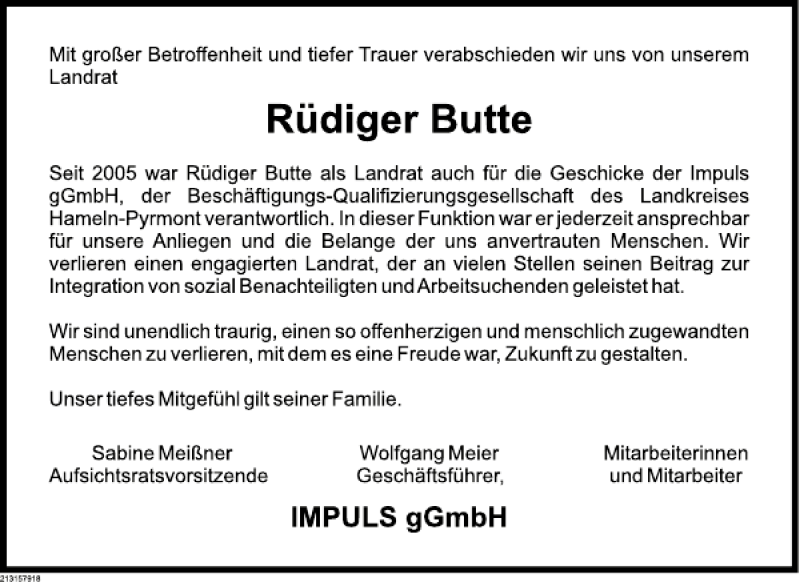  Traueranzeige für Rüdiger Butte vom 03.05.2013 aus Deister- und Weserzeitung