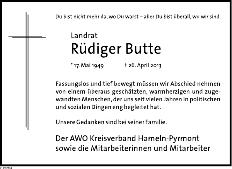  Traueranzeige für Rüdiger Butte vom 02.05.2013 aus Deister- und Weserzeitung