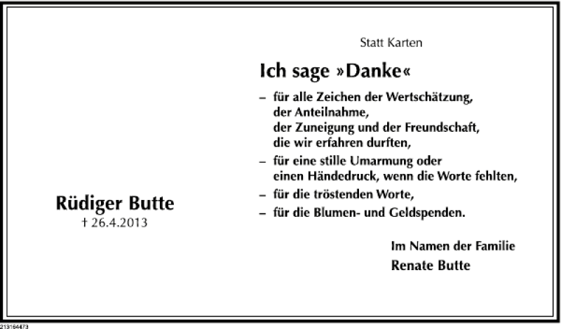  Traueranzeige für Rüdiger Butte vom 18.05.2013 aus Deister- und Weserzeitung
