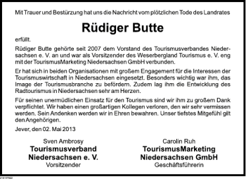 Traueranzeige von Rüdiger Butte von Deister- und Weserzeitung